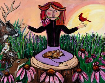 Whimsical Wall Art Print "Yoga Girl" -Quirky Home Decor From Original Acrylic Painting