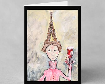 Eiffel Tower Girl Greeting Card, Whimsical Paris-themed Art