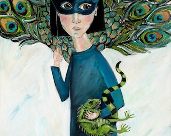 Whimsical Art Print "Peacock Girl" -Quirky Home Decor from Original Painting
