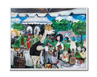 Whimsical Art Print  "Alpaca Wine Festival" -Quirky Home Decor from Original Painting