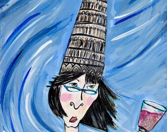 Whimsical Art Print  "Leaning Tower Girl"  -Quirky Home Decor from Original Painting