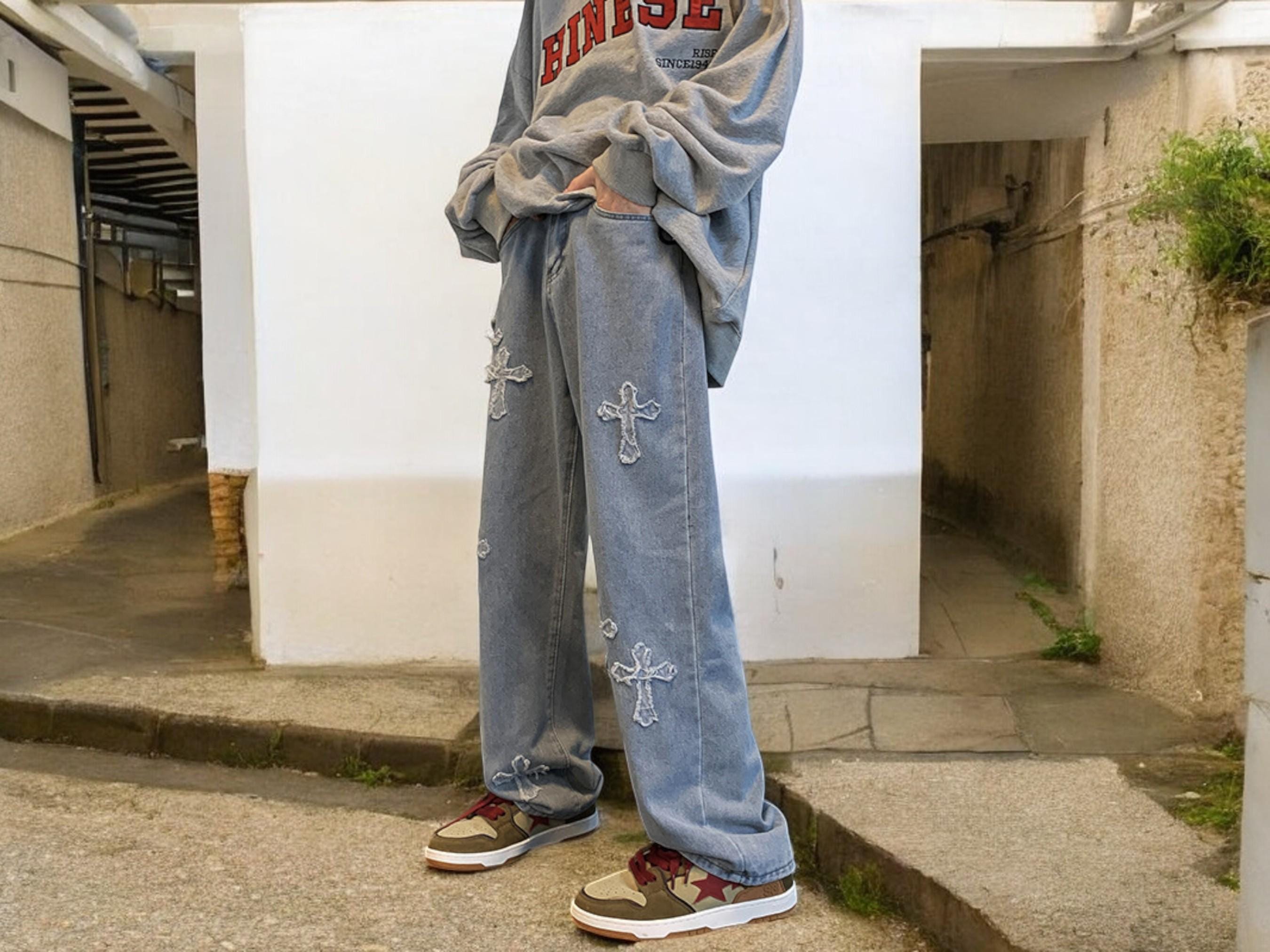 Baggy Denim Jeans: Unisex Cross Patch Design - Etsy.de