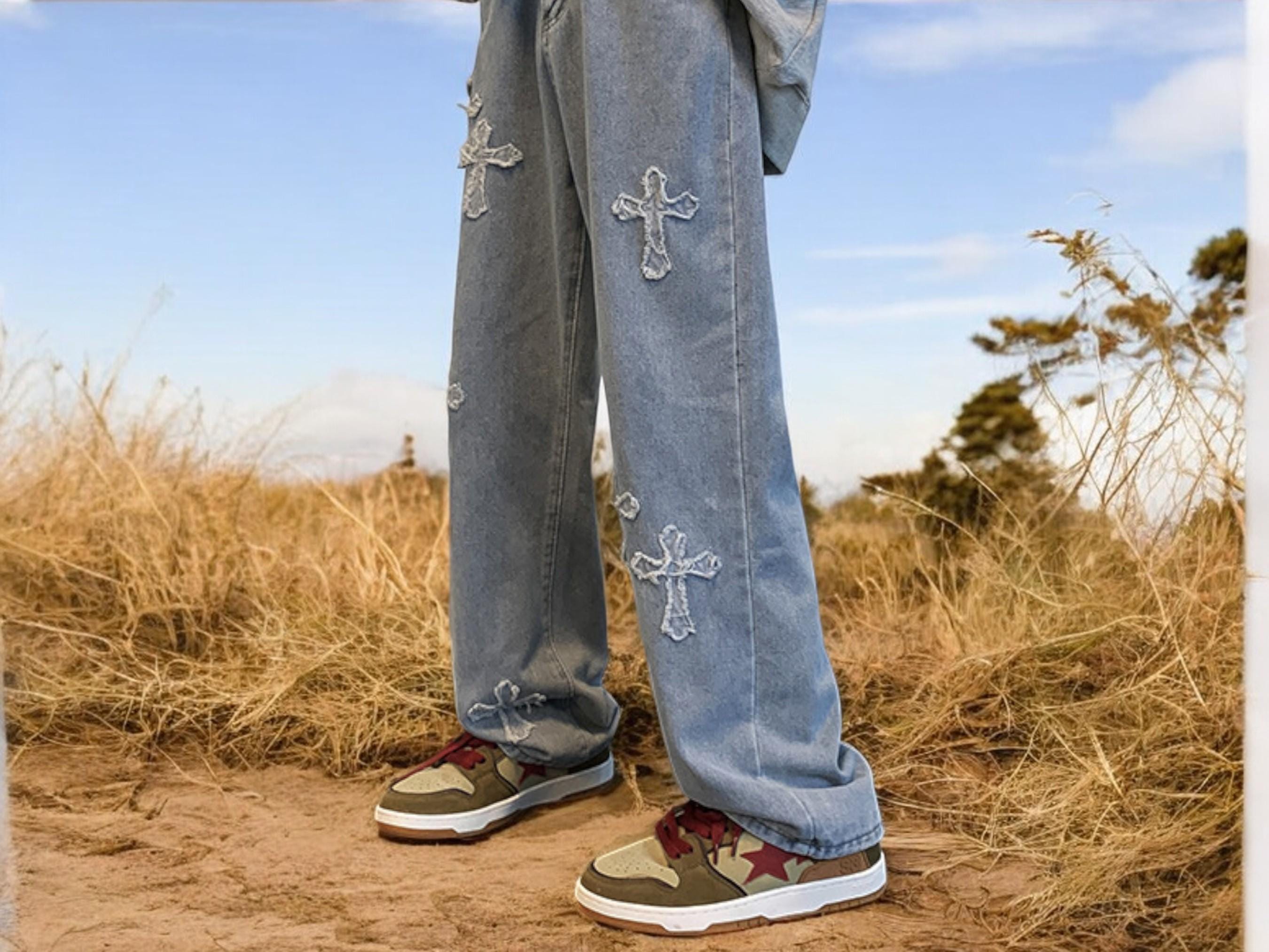 Cross Patchwork Baggy Jeans - Litlookz Studio