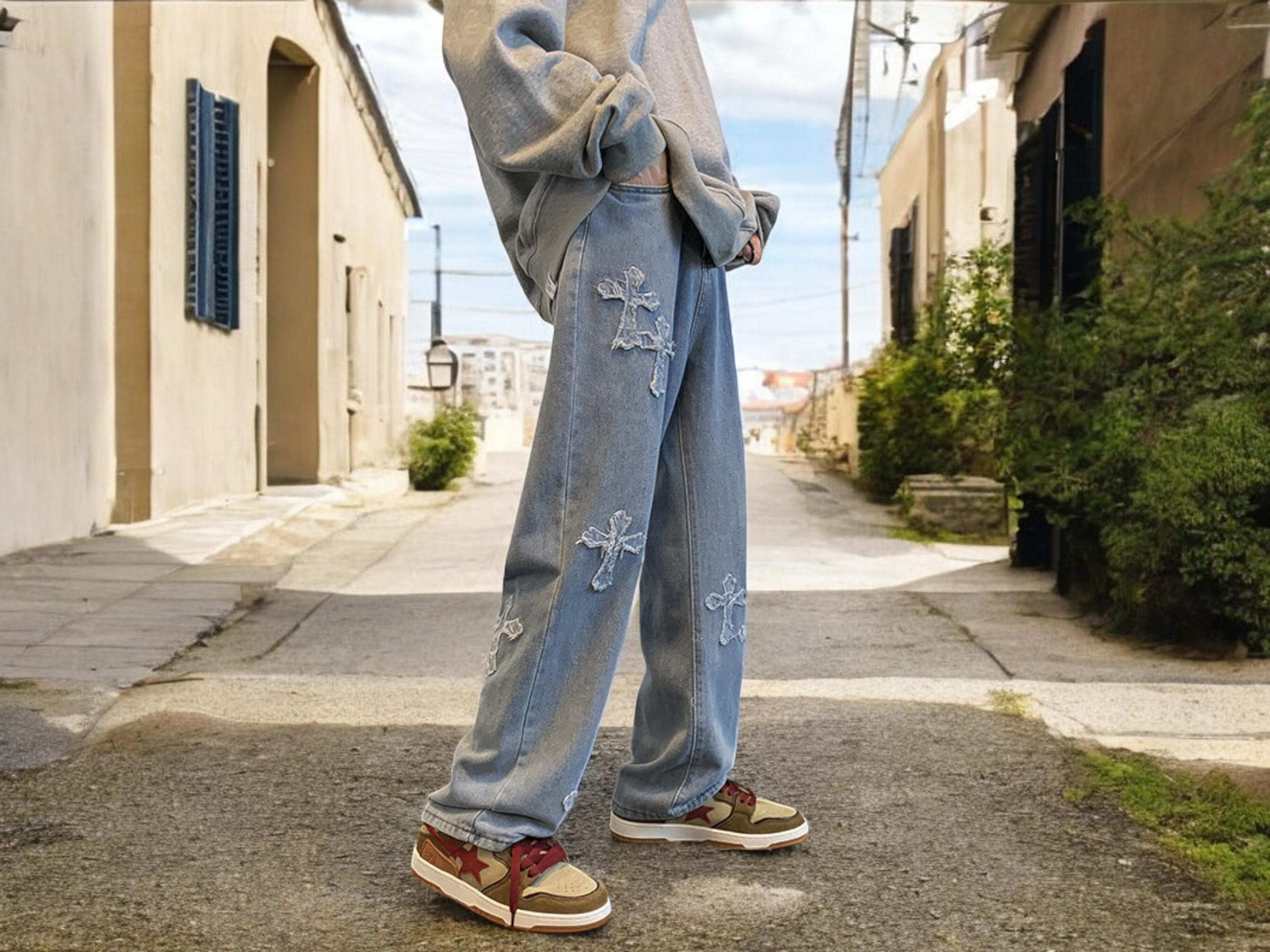 Baggy Denim Jeans: Unisex Cross Patch Design - Etsy