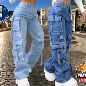 Women&#39;s Multi-Pocket Denim | High-Waisted Baggy Pants | Fashionable Wide-Leg Jeans | Trendy Streetwear Bottoms | Hip-Hop Style Outfit