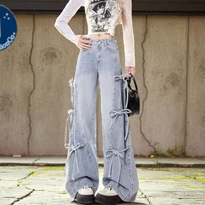 Y2K Wide Leg Jeans: Bow Bandage Denim, Korean Streetwear - Etsy