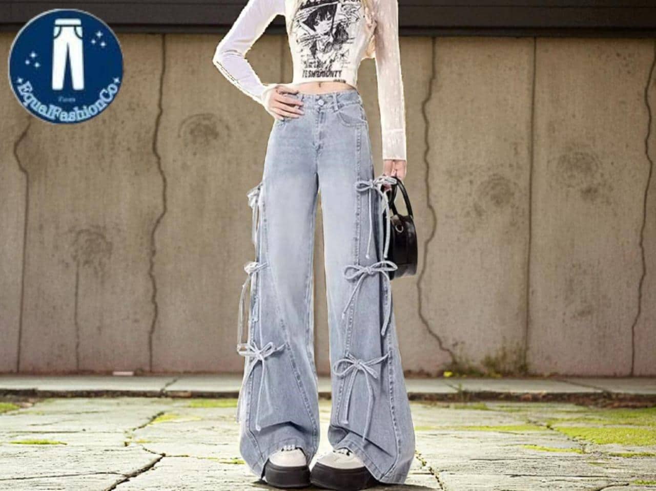 韓国系 y2k CURVED BLADE DENIM Y2K Wide Leg Jeans: Bow Bandage Denim, Korean Streetwear - Etsy