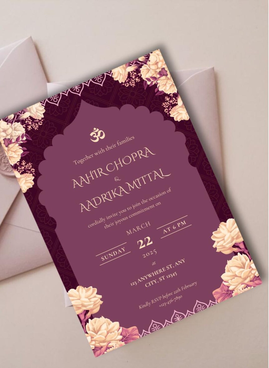 Floral Indian Wedding Invitation: Royal Purple & Gold (editable Canva ...