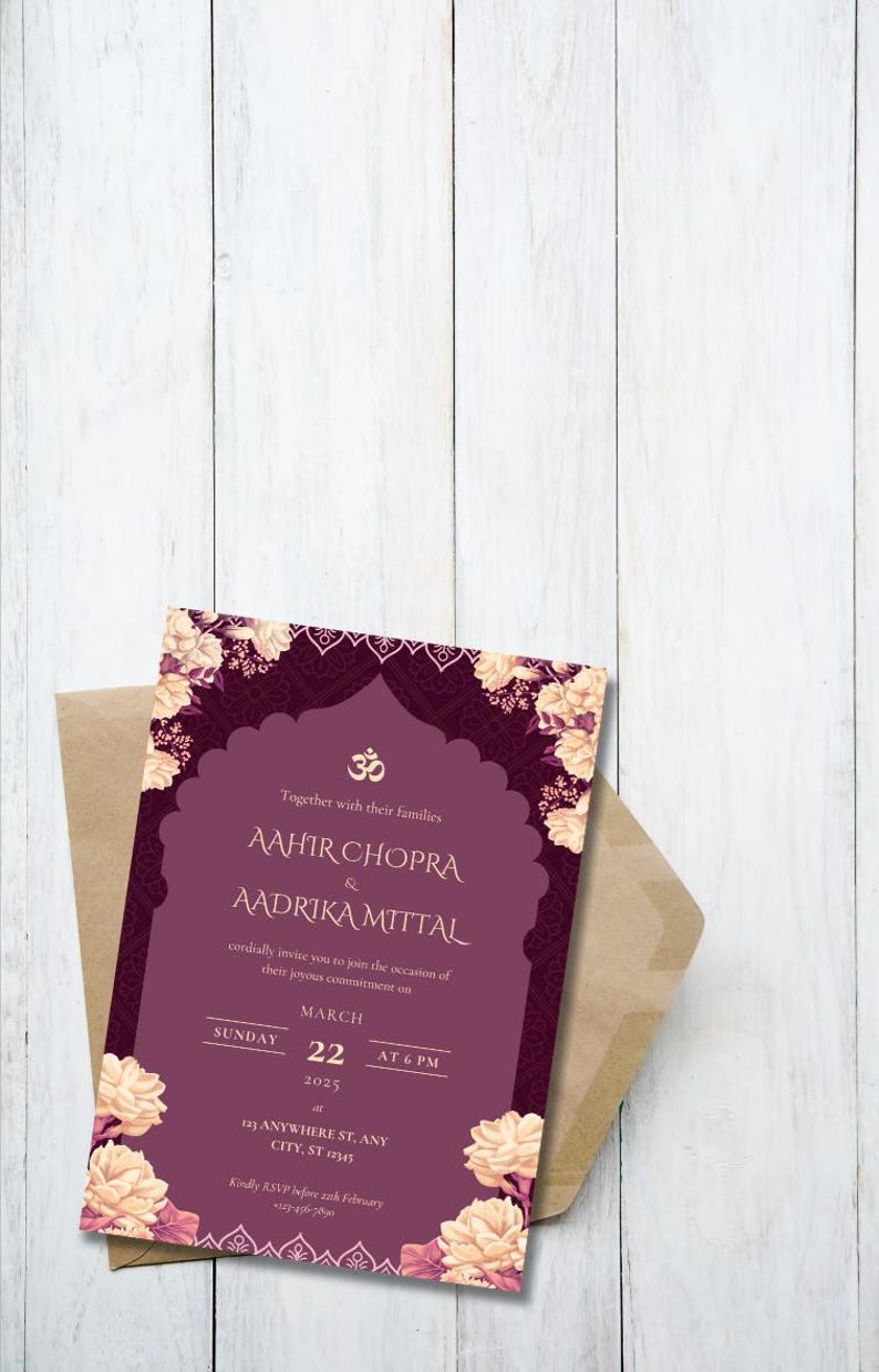 Floral Indian Wedding Invitation: Royal Purple & Gold (editable Canva ...