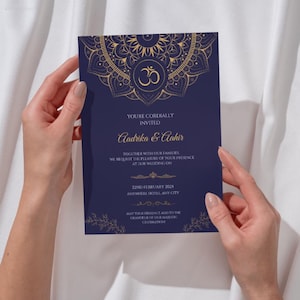 Invito a nozze indiano blu oro reale / Biglietto di nozze indù / Elegante mandala e simbolo Om / Digitale e stampabile / Modello modificabile