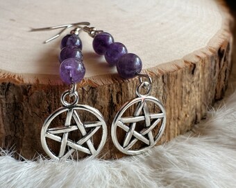 Pentacle Earrings with Amethyst Beads, Ritual Wear, Pagan Jewelry, Gothic Witch, Witchy Birthday Gift, Wiccan Earrings, Spiritual Jewelry