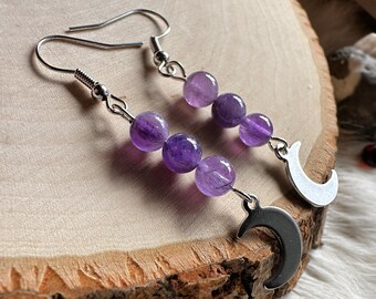 Amethyst Moon Earrings, Moon Charms, Amethyst Beads, Celestial Jewelry, Crystal Earrings, Fairycore Aesthetic, Moon Child, Unique Gifts