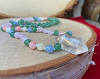 GREEN AVENTURINE, Morganite, Beryl and Rose Quartz Beaded Necklace - Clear Quartz Point - Crystal Jewelry, Cottagecore, Magic