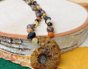 Ammonite and Mixed Beads Handmade Necklace - 27 Inches Around - Hand Knotted, Gemstones, Crystals, Glass, Natural Jewelry, Spiritual