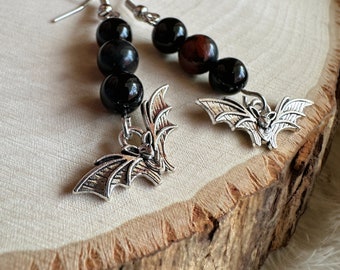 Mahogany OBSIDIAN and ONYX Earrings with BAT Charms, Gothic Jewelry, Spooky Season, Halloween Costume, Gothic Witch, Fall Birthday Gift