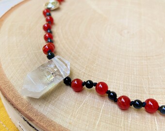 CLEARANCE - Quartz Point Pendant, Carnelian, Black Tourmaline and Pewter Spirals Beaded Necklace - Handmade Jewelry - Protection, Grounding