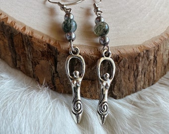 SPIRAL GODDESS Earrings, Moss Agate and Hematite, Goddess Jewelry, Beaded Earrings, Witchy Birthday Gift, Unique Jewelry, Pagan Jewelry