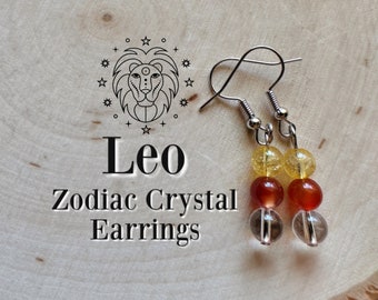 LEO Crystal Zodiac Earrings, Carnelian, Citrine, Clear Quartz, Beaded Dangle Earrings, Sun Sign, Moon Sign, Astrology, Birthday Gift