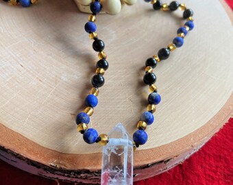 Lapis Lazuli and Onyx Necklace, Matte Lapis Lazuli, Onyx, Gold Glass Beads and Quartz Pendant, Unique Gifts, Androgynous Jewelry, OOAK Gift