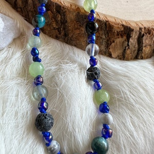 Cool Toned Beaded Necklace Crystal and Glass Beads, Moon Charm, Crowcore Jewelry, OOAK Necklace, One Of A Kind, Unique Gifts, Metaphysical image 8