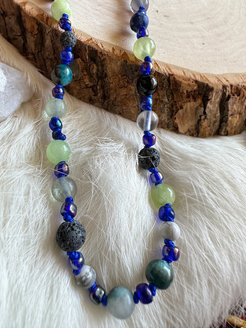Cool Toned Beaded Necklace Crystal and Glass Beads, Moon Charm, Crowcore Jewelry, OOAK Necklace, One Of A Kind, Unique Gifts, Metaphysical image 8