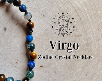 VIRGO Zodiac Necklace, Hand Knotted Jewelry, Crystal Beaded Necklace, Sun Sign, Moon Sign, Birthday Gift, Unique Gift, Astrology Jewelry