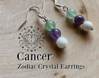 CANCER Zodiac Crystal Beaded Earrings, White Moonstone, Amethyst, Green Aventurine, Sun Sign, Moon Sign, Unisex Jewelry, Birthday Gift