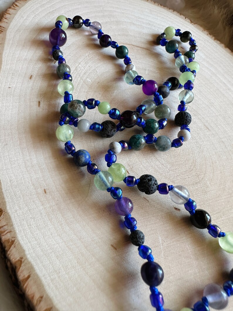 Cool Toned Beaded Necklace Crystal and Glass Beads, Moon Charm, Crowcore Jewelry, OOAK Necklace, One Of A Kind, Unique Gifts, Metaphysical image 7