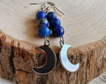 Lapis Lazuli Beaded Moon Charm Earrings, Dangle Earrings, Celestial Jewelry, Stone Beads, Moon Child, Unique Gift, Spiritual Jewelry, Art