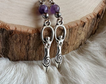 Spiral Goddess Earrings with Amethyst and Plated Hematite, Goddess Jewelry, Spiritual Jewelry, Beaded Earrings, Witchy Birthday Gift, Cute