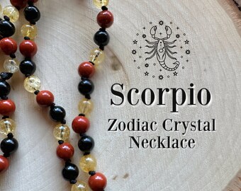 SCORPIO Zodiac Necklace, Citrine, Red Jasper, Black Obsidian, Crystal Jewelry, Birthday Present, Celestial, Astrology Art, Spiritual Gift