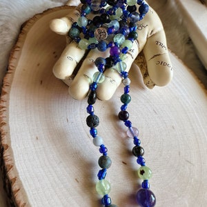 Cool Toned Beaded Necklace Crystal and Glass Beads, Moon Charm, Crowcore Jewelry, OOAK Necklace, One Of A Kind, Unique Gifts, Metaphysical image 4