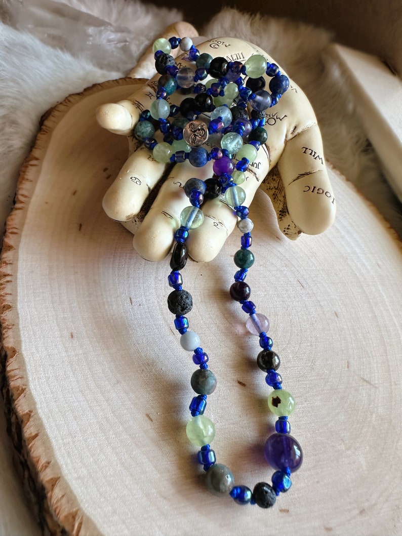 Cool Toned Beaded Necklace Crystal and Glass Beads, Moon Charm, Crowcore Jewelry, OOAK Necklace, One Of A Kind, Unique Gifts, Metaphysical image 4