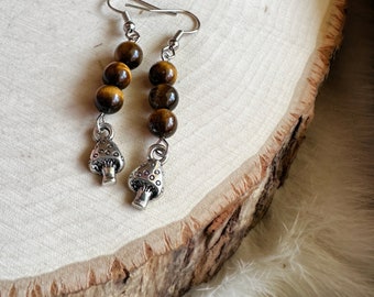 TIGERS EYE Beaded Mushroom Earrings, Mushroom Charms, Natural Stones, Cottagecore Jewelry, Mushroomcore Earrings, Earthy Birthday Gift, Cute