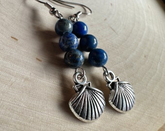 Lapis Lazuli Beaded Clamshell Charm Earrings, Crystal Jewelry, Stone Beads, Seashell Earrings, Unique Gift, Mermaidcore Aesthetic, Jewelry