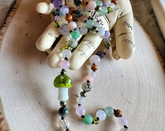 COTTAGECORE Mushroom Charm Necklace, Made with Crystals, Wood and Glass Beads, Crystal Confetti, Unique Gifts, OOAK, One of a Kind Jewelry