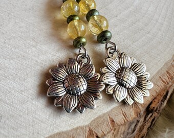 CITRINE and Frosted Green Glass Beaded Sunflower Earrings, Sunflowers, Sunflower Jewelry, Fall Fashion, Fall Birthday Gift, Harvest Time