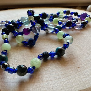 Cool Toned Beaded Necklace Crystal and Glass Beads, Moon Charm, Crowcore Jewelry, OOAK Necklace, One Of A Kind, Unique Gifts, Metaphysical image 1