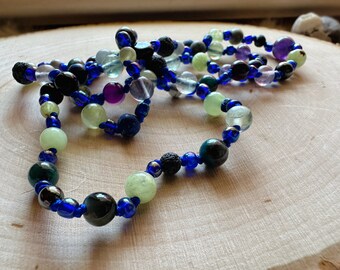 Cool Toned Beaded Necklace - Crystal and Glass Beads, Moon Charm, Crowcore Jewelry, OOAK Necklace, One Of A Kind, Unique Gifts, Metaphysical