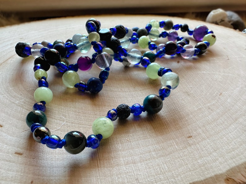 Cool Toned Beaded Necklace Crystal and Glass Beads, Moon Charm, Crowcore Jewelry, OOAK Necklace, One Of A Kind, Unique Gifts, Metaphysical image 1