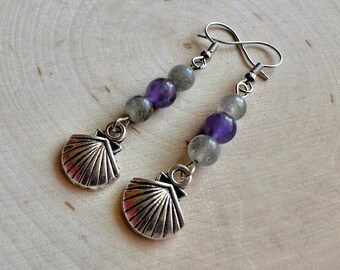 Labradorite and Amethyst Beaded Clamshell Earrings, Crystal Earrings, Mermaid Jewelry, Sea Witch, Unique Gift, Fun Birthday Present, Cute
