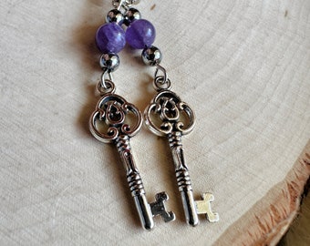 AMETHYST and Plated HEMATITE Beaded Key Earrings, Key Charms, Stone Earrings, Key to my Heart, Skeleton Key, Goddess Jewelry, Unique Gift