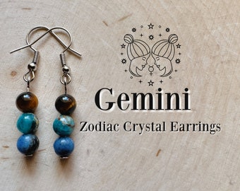 GEMINI Zodiac Crystal Beaded Earrings, Sodalite, Apatite, Tigers Eye, Sun Sign, Moon Sign, Rising Sign, Birthday Gift, Zodiac Jewelry, Cute