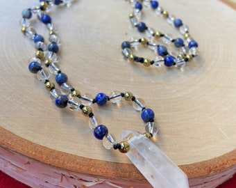 LAPIS LAZULI, Titanium Pyrite and QUARTZ Beaded Necklace, Quartz Point Pendant, Handmade Jewelry, Stone Beaded Jewelry, Gemstones, ooak gift