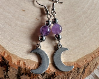 Moon Charm Dangle Earrings, Amethyst, Plated Hematite, Beaded Earrings, Moon Child, Crescent Moon, Celestial Jewelry, Purple Earrings, Gift