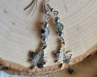 MAPLE LEAF Earrings with Moss Agate and Plated Hematite Beads, Nature Inspired, Leaf Jewelry, Cottagecore Aesthetic, Unique Birthday Gift