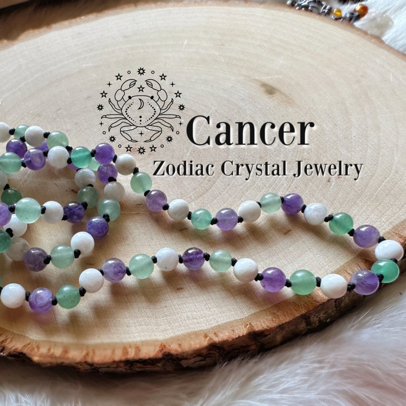 CANCER Zodiac Necklace Amethyst, Moonstone and Green Aventurine, Birthday Gift, Astrology Necklace, Sun Sign, Zodiac Jewelry, Moon Sign image 1