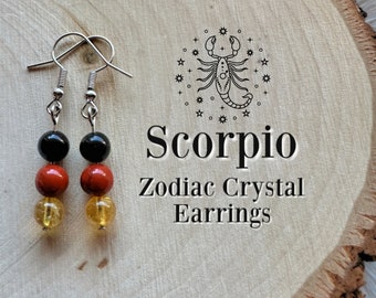 SCORPIO Zodiac Earrings, Citrine, Red Jasper, Black Obsidian, Crystal Jewelry, Birthday Gift, Celestial, Astrology Art, Witchy Birthday Gift