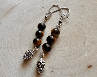 Tigers Eye Dangle Earrings, Pinecone Charms, Crystal Jewelry, Beaded Earrings, Gifts for Nature Lovers, Stone Beads, Earthy Jewelry, Cute