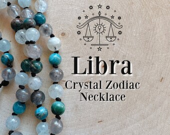 LIBRA Zodiac Crystal Necklace, Gray Cloudy Quartz, Apatite, Aquamarine, Beaded Jewelry, Unique Birthday Gift, Sun Sign, Moon Sign, Celestial